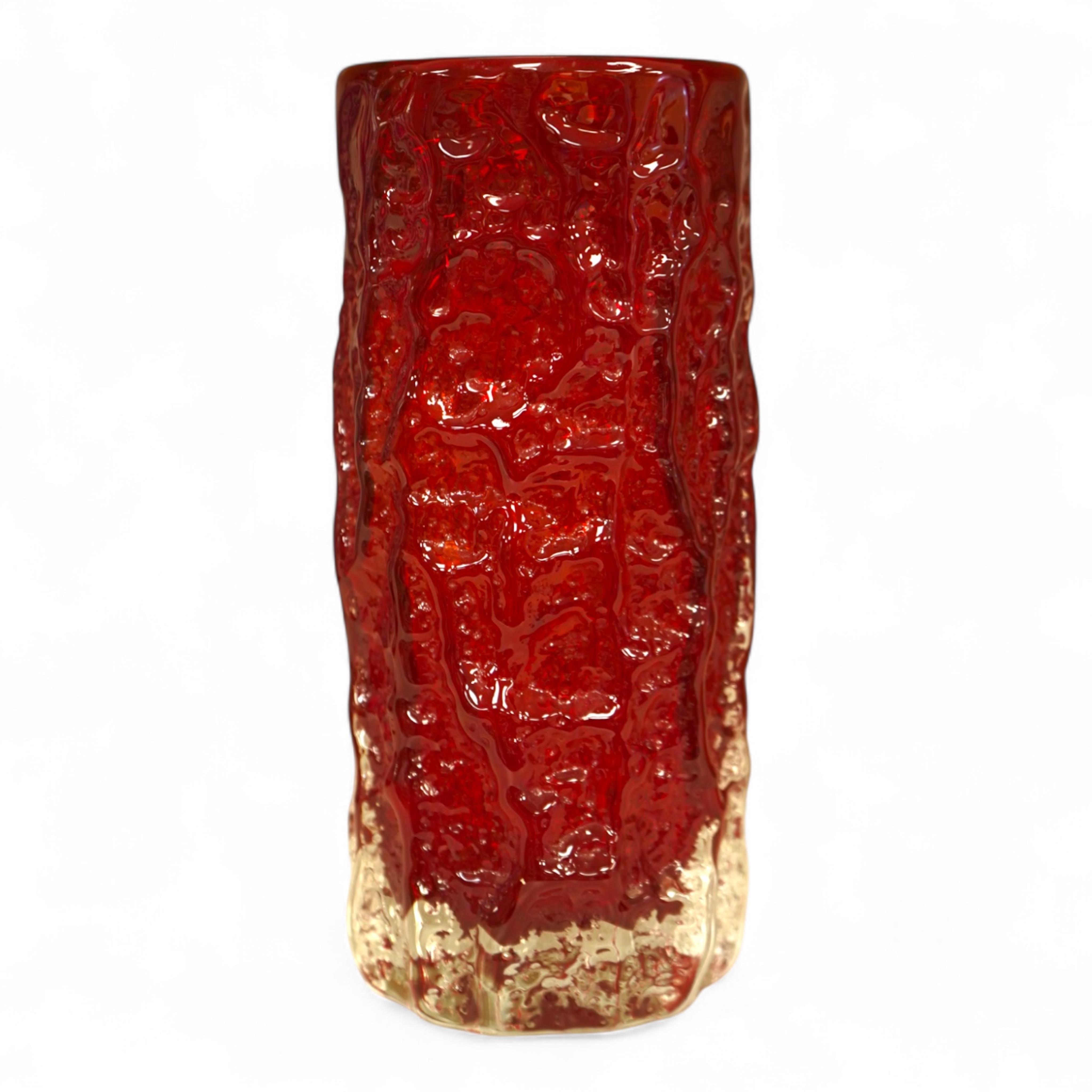 A Geoffrey Baxter for Whitefriars ruby red bark vase, 19cm high